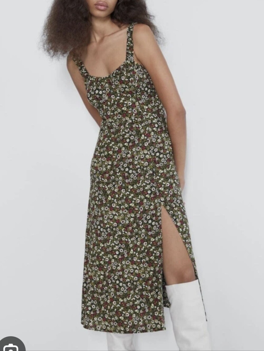 Zara Floral Print Sweetheart Neckline Side Slit Midi Dress
